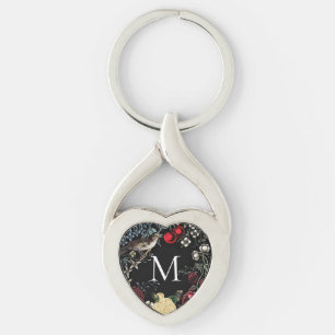 Antieke natuur vogels en bessen monogram sleutelhanger