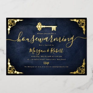 Antieke Navy Gouden Sleutel Housewarming Feest Folie Uitnodiging