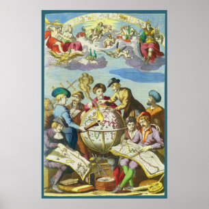 Antieke ontdekkingsreizigers met antieke wereldbol poster