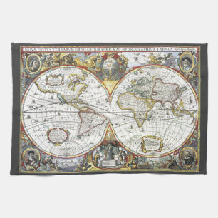Antieke Oude Wereldkaart door Hendrik Hondius, 163 Theedoek