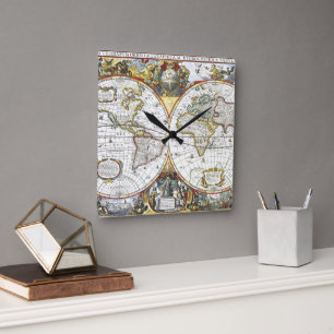 Antieke Oude Wereldkaart door Hendrik Hondius, 163 Vierkante Klok