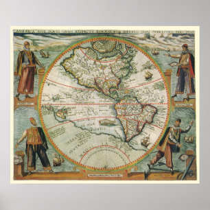 Antieke Oude Wereldkaart van de Amerika's, 1597 Poster