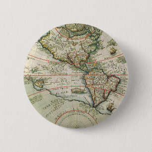 Antieke Oude Wereldkaart van de Amerika's, 1597 Ronde Button 5,7 Cm