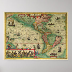 Antieke Oude Wereldkaart van de Amerika's, 1606 Poster