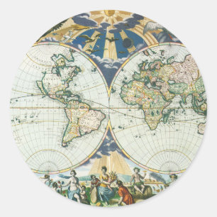 Antieke Oude Wereldkaart van Pieter Goos, 1666 Ronde Sticker