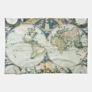 Antieke Oude Wereldkaart van Pieter Goos, 1666 Theedoek