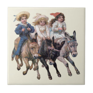 Antieke paard pony kinderen kunst tegeltje
