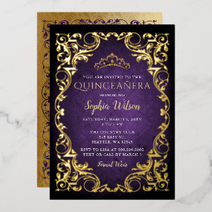 Antieke Paarse Gouden Prinses Tiara Quinceañera Folie Uitnodiging