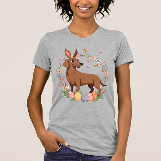Antieke Paashaas Dachshund Hond met Bloemenei T-shirt (Voorkant)
