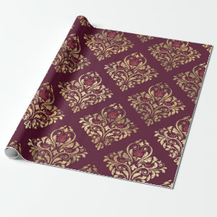 Antieke Parijse bordeauxrode en gouden damast Cadeaupapier