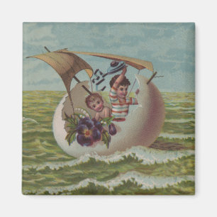 Antieke Pasen Kaart Zeilend Ei Kinderen Magneet