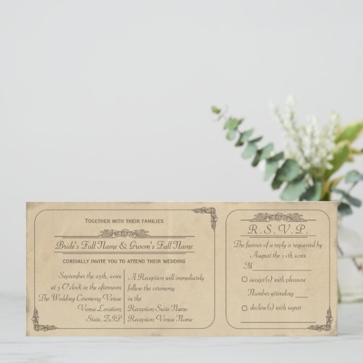 Antieke Pergament Ticket Trouw Uitnodiging en RSVP (Staand voorkant)