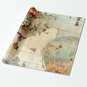 Antieke Pioen Heet Luchtballon Oude Kaart Cadeaupapier