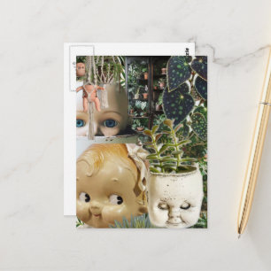 Antieke poppenkop plantenbakken Mixed Media Collag Briefkaart