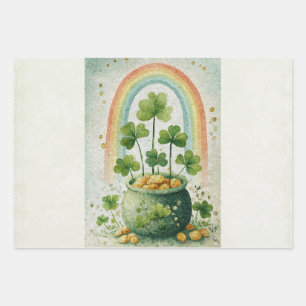 Antieke pot met goud en regenboog inpakpapier vel
