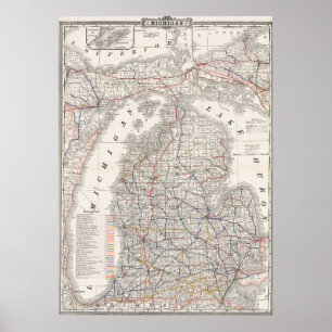 Antieke Premium Michigan Gebiedskaart 1892 Poster