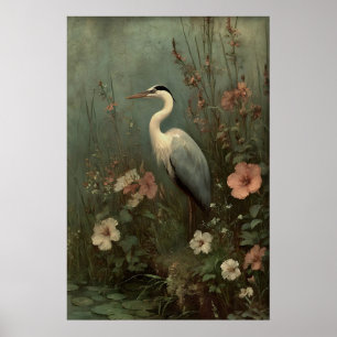 Antieke Reiger Aan Meer Print, Droevige Botanische Poster