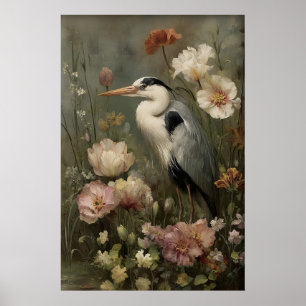 Antieke Reiger Bloemen Print, Droevige Botanische Poster