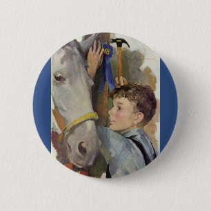 Antieke renpaard, blauw lint winnaar met een jonge ronde button 5,7 cm