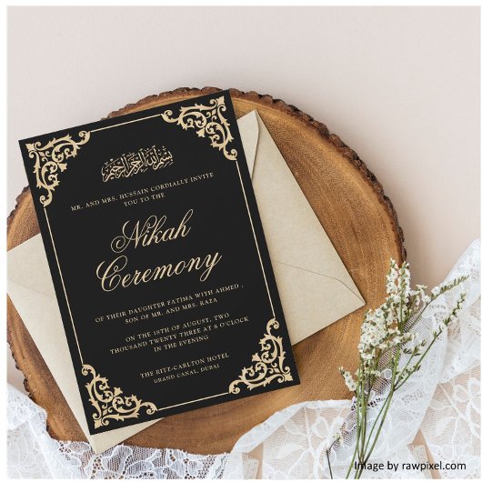 Antieke Rococo Stijlvolle Script Zwarte Nikah Cere Kaart