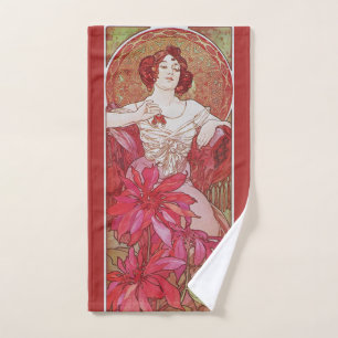 Antieke rode Art Nouveau Alphonse Mucha robijnrode Handdoek
