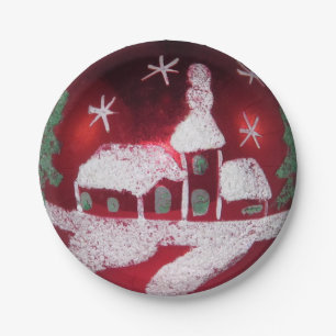 Antieke Rode Glazen Bal Kerstmis Sneeuw Huis Kerk Papieren Bordje