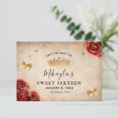 Antieke Rode Rozen Gouden Perkament Elegant Save The Date (Staand voorkant)