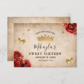 Antieke Rode Rozen Gouden Perkament Elegant Save The Date (Voorkant / Achterkant)