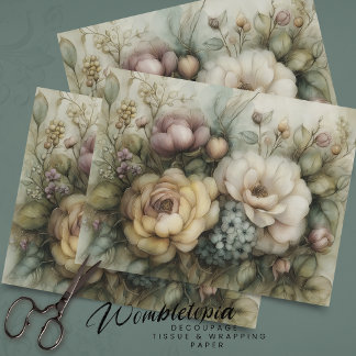 Antieke Romantische Bloemen in Geel Blauw Decoupag Tissuepapier