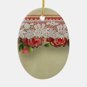 Antieke Roos Kant Roestig Rood Victoriaans Jute Keramisch Ornament