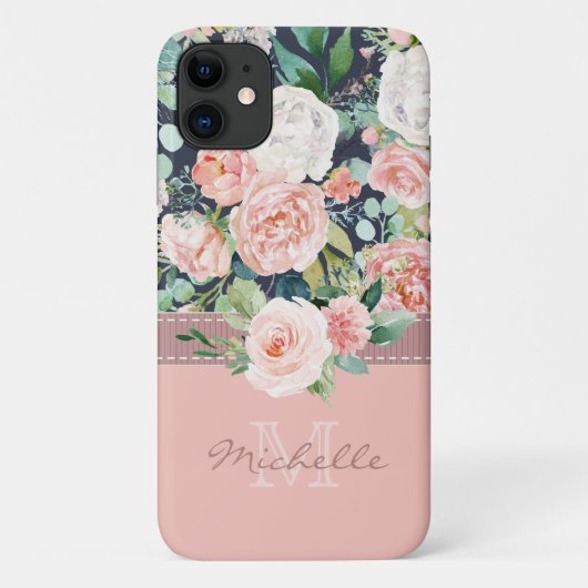 Antieke Roze Bloem Monogram Naam Case-Mate iPhone Case (Achterkant)