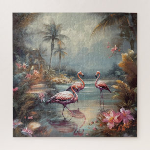 Antieke Roze Flamingo Tropisch Paradijs Kunst Legpuzzel