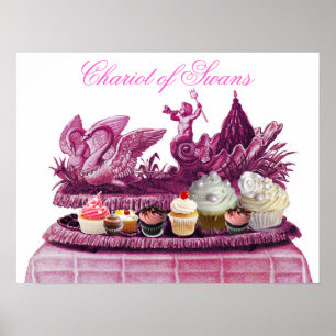 ANTIEKE ROZE KAR VAN ZWANEN EN CUPCAKES POSTER