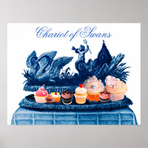 ANTIEKE ROZE STRIJDWAGEN VAN ZWANEN EN CUPCAKES POSTER