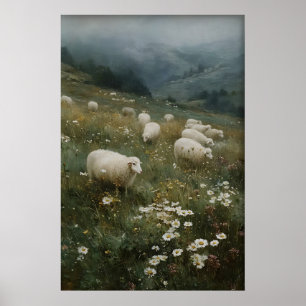 Antieke schapenprint, schapenboerderij, vintage poster