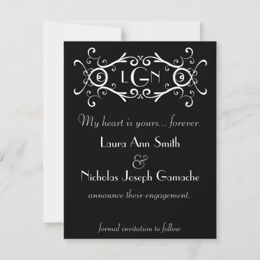 Antieke Scroll Monogram Zwarte & Witte Uitnodiging (Voorkant)