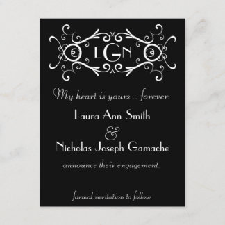 Antieke Scroll Monogram Zwarte & Witte Uitnodiging