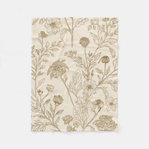 Antieke Sepia Botanische Lijnkunst Bloempatroon Fleece Deken