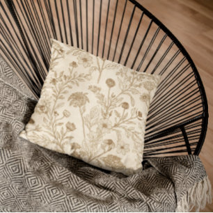 Antieke Sepia Botanische Lijnkunst Bloempatroon Kussen