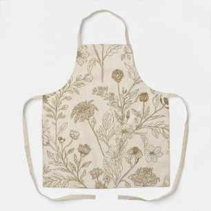 Antieke Sepia Botanische Lijnkunst Bloempatroon Schort