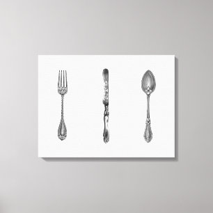 Antieke Sepia Vork Mes Lepel Keuken Kunst Canvas Afdruk