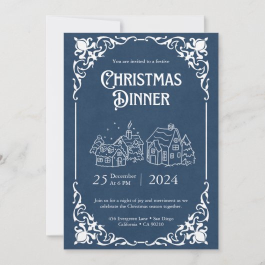 Antieke sjabloon voor kerstdiners in blauw en wit (Voorkant)