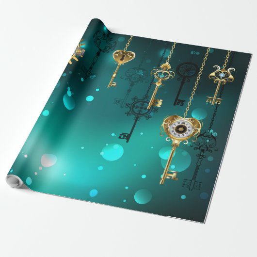 Antieke skelet sleutels op groene achtergrond cadeaupapier (Uitgerold)