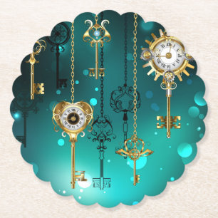 Antieke skelet sleutels op groene achtergrond kartonnen onderzetters