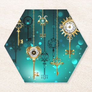 Antieke skelet sleutels op groene achtergrond kartonnen onderzetters