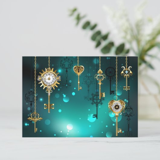 Antieke skeletsleutels op groene achtergrond RSVP kaartje (Staand voorkant)