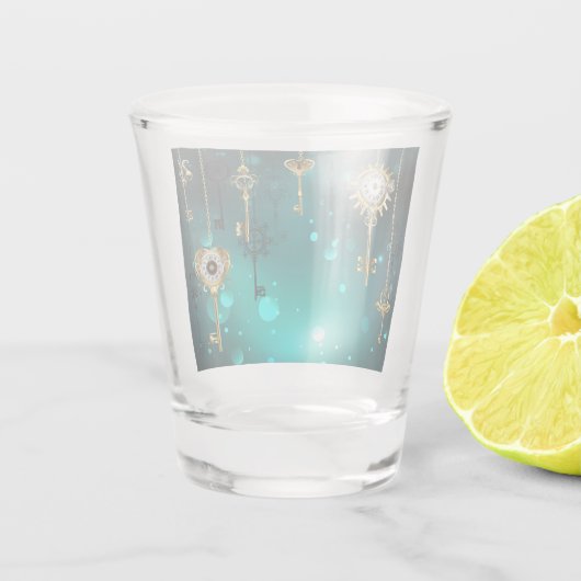 Antieke skeletsleutels op groene achtergrond shot glas (Achterkant)