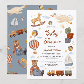 Antieke Speelgoed Beer Jongen Baby Shower Kaart