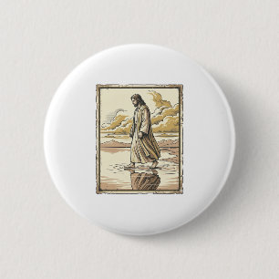 Antieke spirituele waterwandelinggravure ronde button 5,7 cm