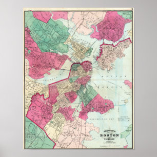 Antieke stadsplattegrond van Boston 1870 Poster